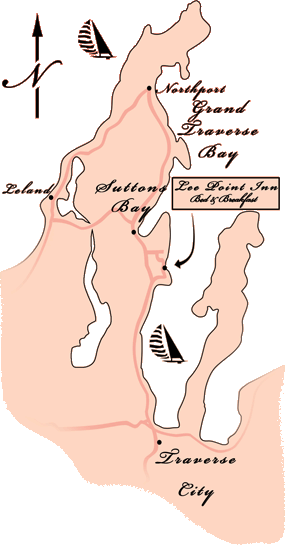 Map of Leelanau Peninsula showing the Lee Point Inn Bed & Breakfast